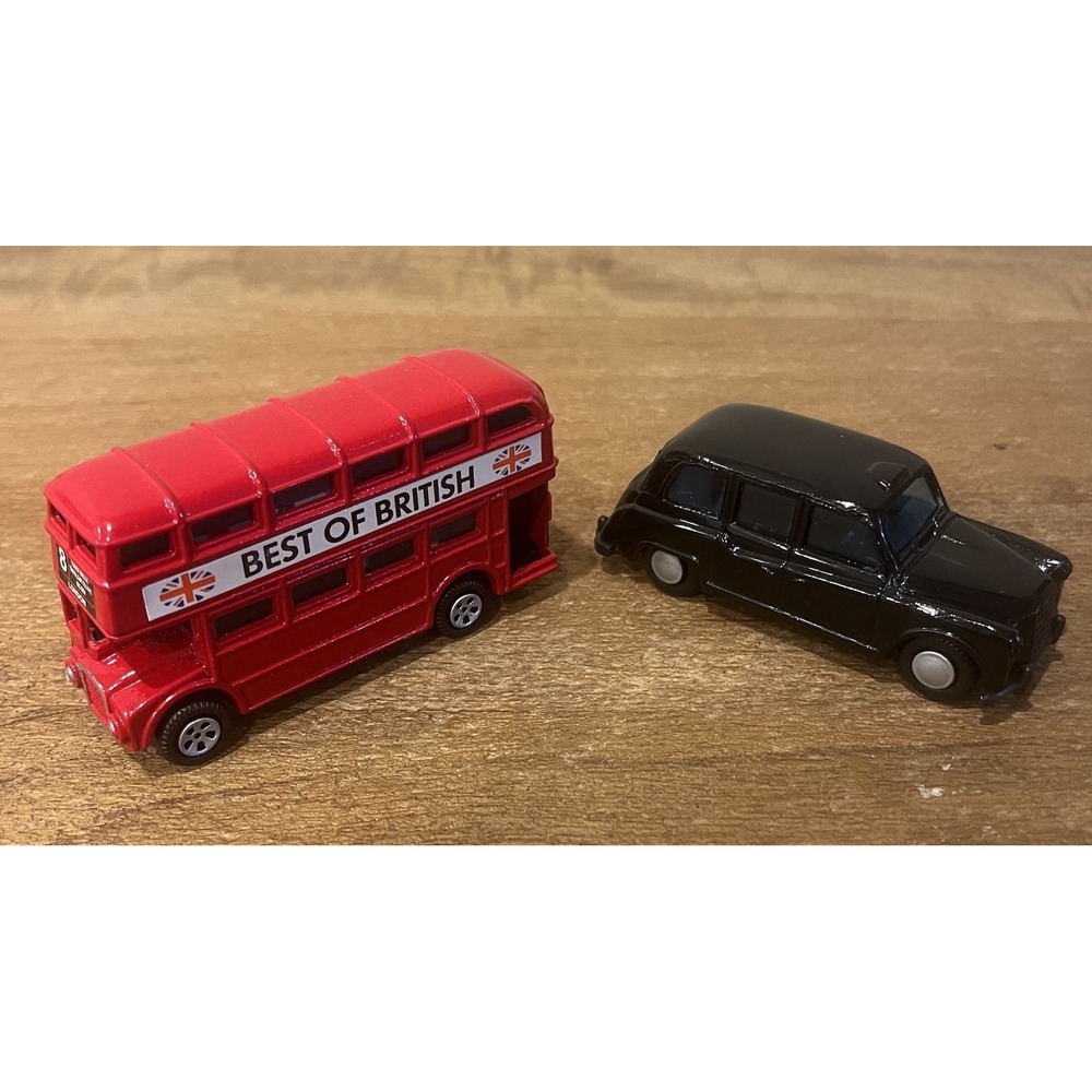 Best of British London Double Decker Bus Black Taxi Diecast Vehicles Lot of 2